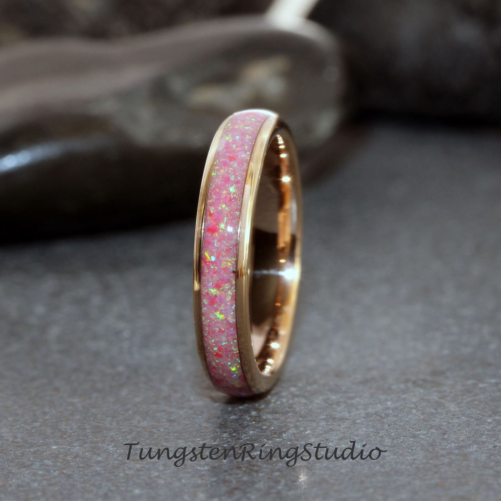 Rose Pink Opal Wedding Ring Rose Gold Tungsten Carbide Band Women Opal Ring Dainty Stackable Anniversary Rose Opal Ring