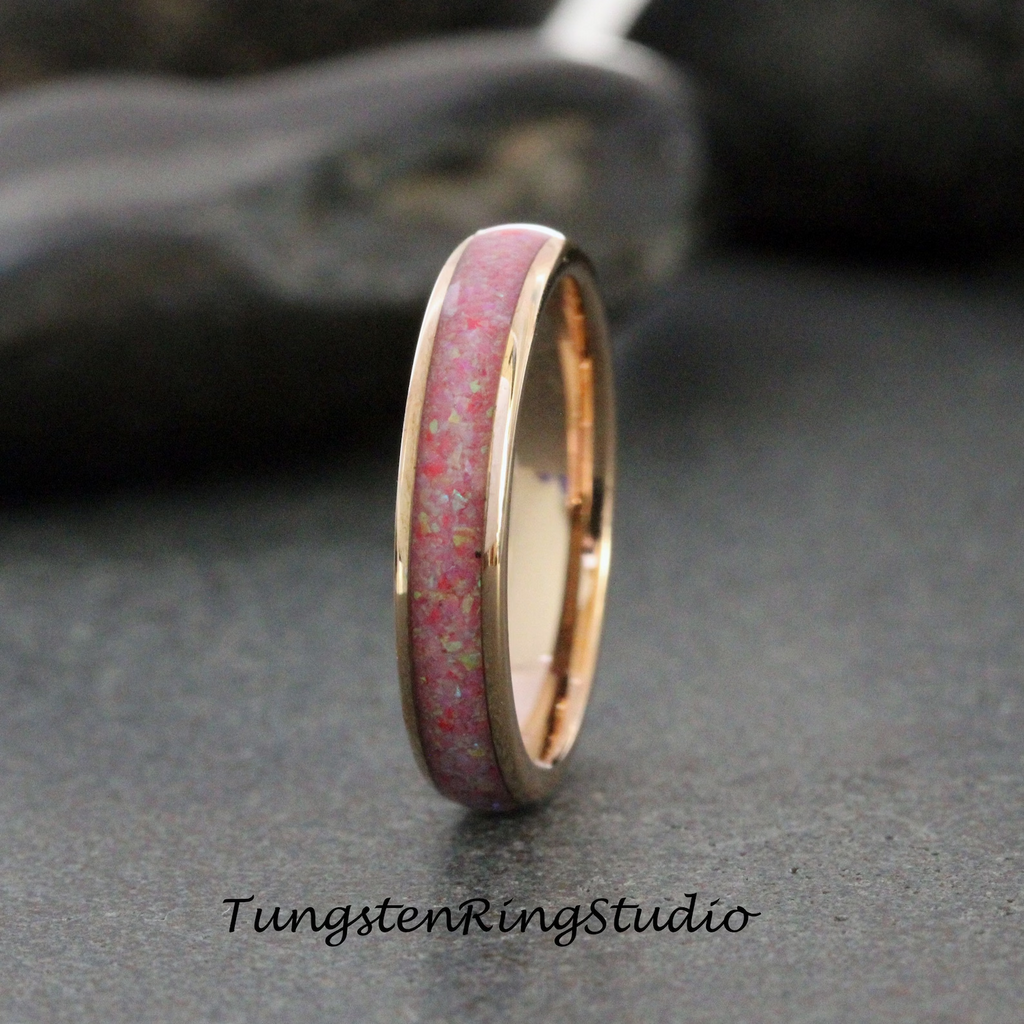 Rose Pink Opal Wedding Ring Rose Gold Tungsten Carbide Band Women Opal Ring Dainty Stackable Anniversary Rose Opal Ring
