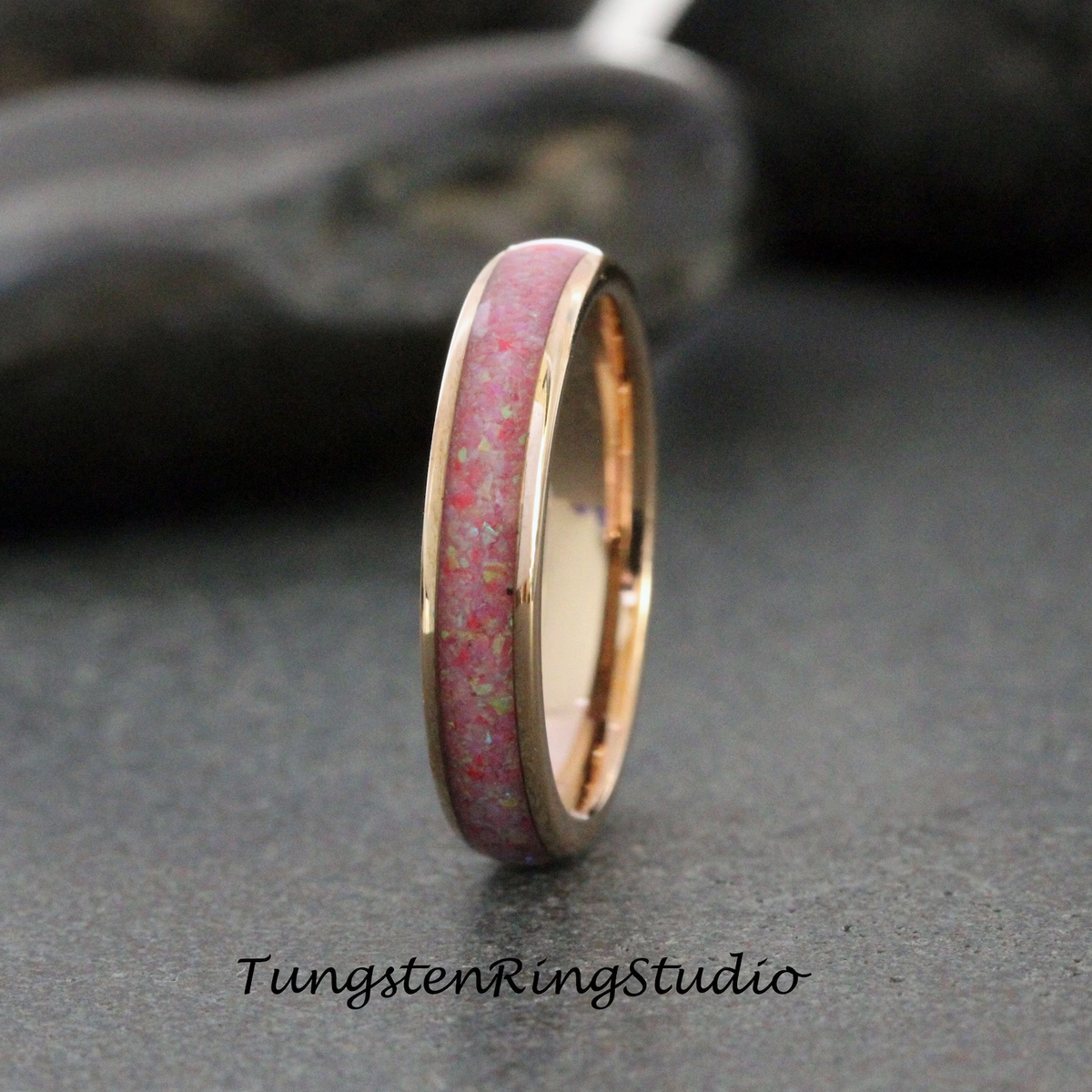 Rose Pink Opal Wedding Ring Rose Gold Tungsten Carbide Band Women Opal Ring Dainty Stackable Anniversary Rose Opal Ring