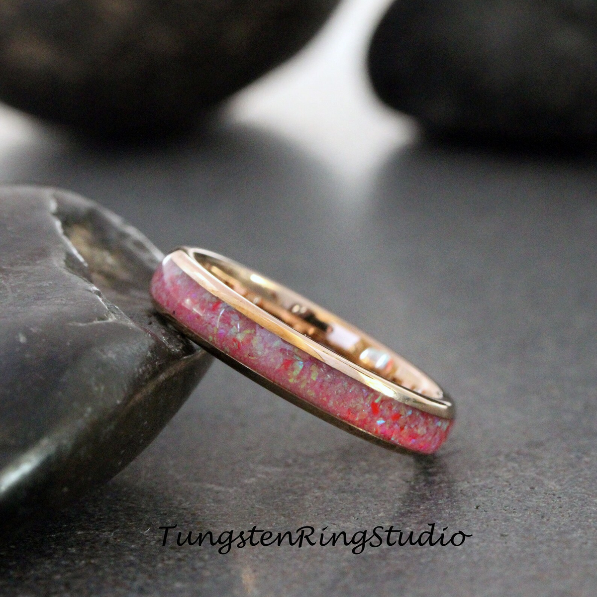 Rose Pink Opal Wedding Ring Rose Gold Tungsten Carbide Band Women Opal Ring Dainty Stackable Anniversary Rose Opal Ring