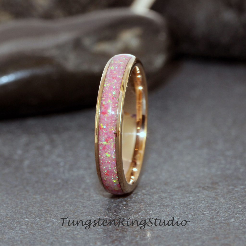 Rose Pink Opal Wedding Ring Rose Gold Tungsten Carbide Band Women Opal Ring Dainty Stackable Anniversary Rose Opal Ring