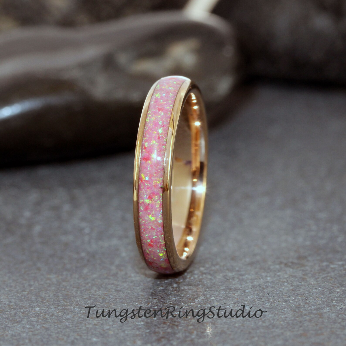 Rose Pink Opal Wedding Ring Rose Gold Tungsten Carbide Band Women Opal Ring Dainty Stackable Anniversary Rose Opal Ring