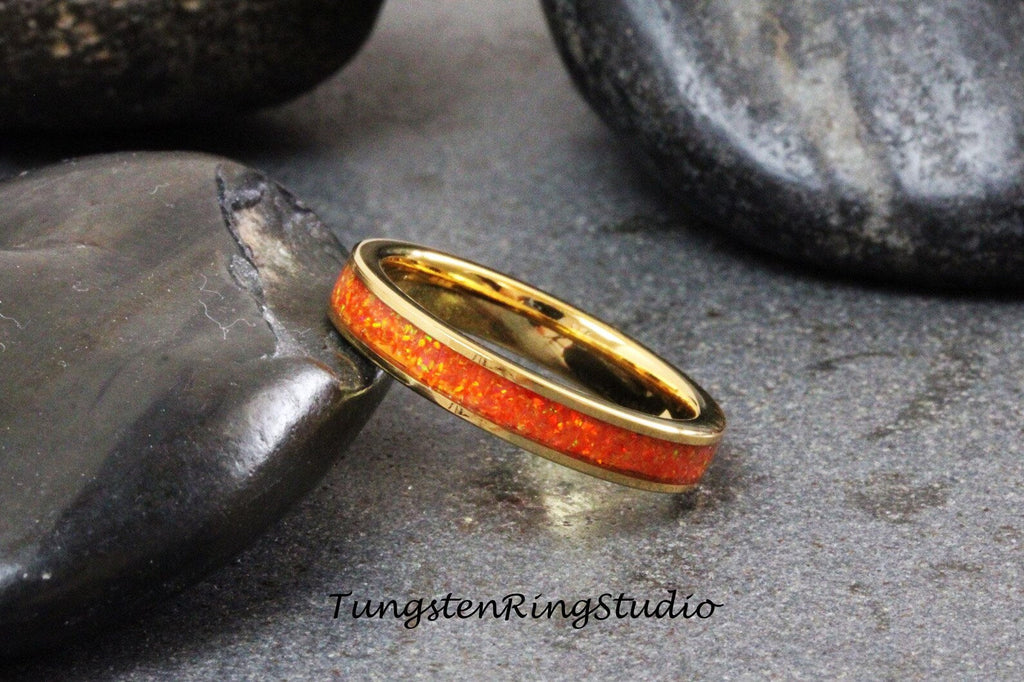 Fire Opal Tungsten Carbide Wedding Ring Orange Yellow Red Opal Yellow Gold Band Women Opal Ring Dainty Stackable Anniversary Opal Ring