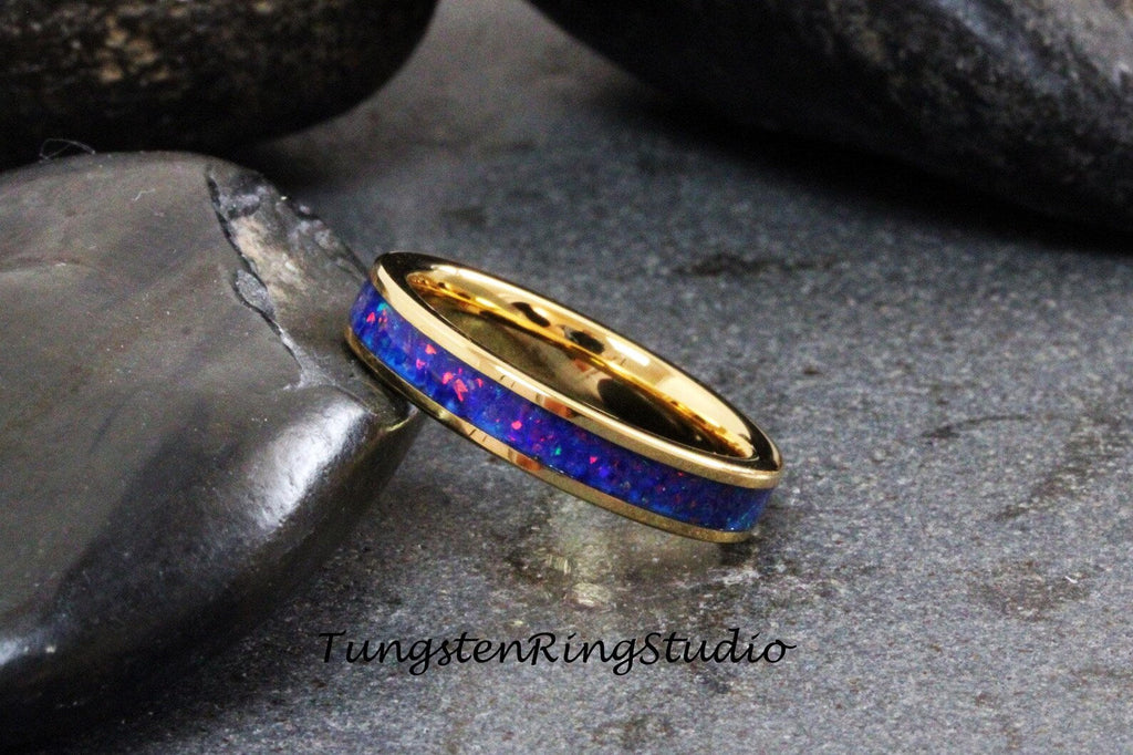 Sleepy Blue Opal Tungsten Carbide Wedding Ring Blue Warm Opal Yellow Gold Band Women Opal Ring Dainty Stackable Anniversary Opal Ring