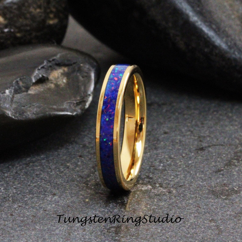Sleepy Blue Opal Tungsten Carbide Wedding Ring Blue Warm Opal Yellow Gold Band Women Opal Ring Dainty Stackable Anniversary Opal Ring