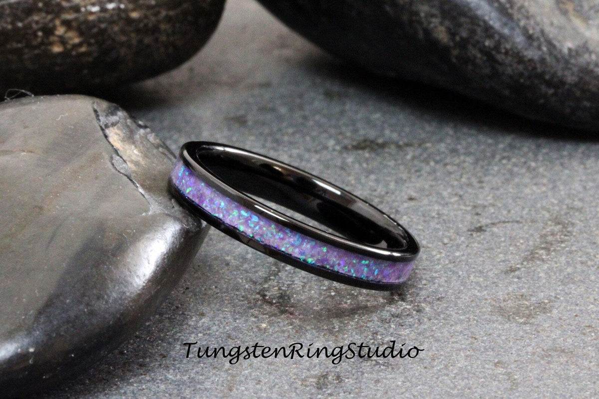 Sleepy Lavender Opal Tungsten Carbide Wedding Ring Black Band Women Opal Ring Dainty Stackable Anniversary Opal Ring