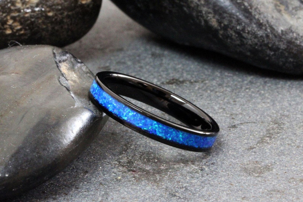 Starry Night Opal Tungsten Carbide Wedding Ring Black Band Women Opal Ring Dainty Stackable Anniversary Opal Ring