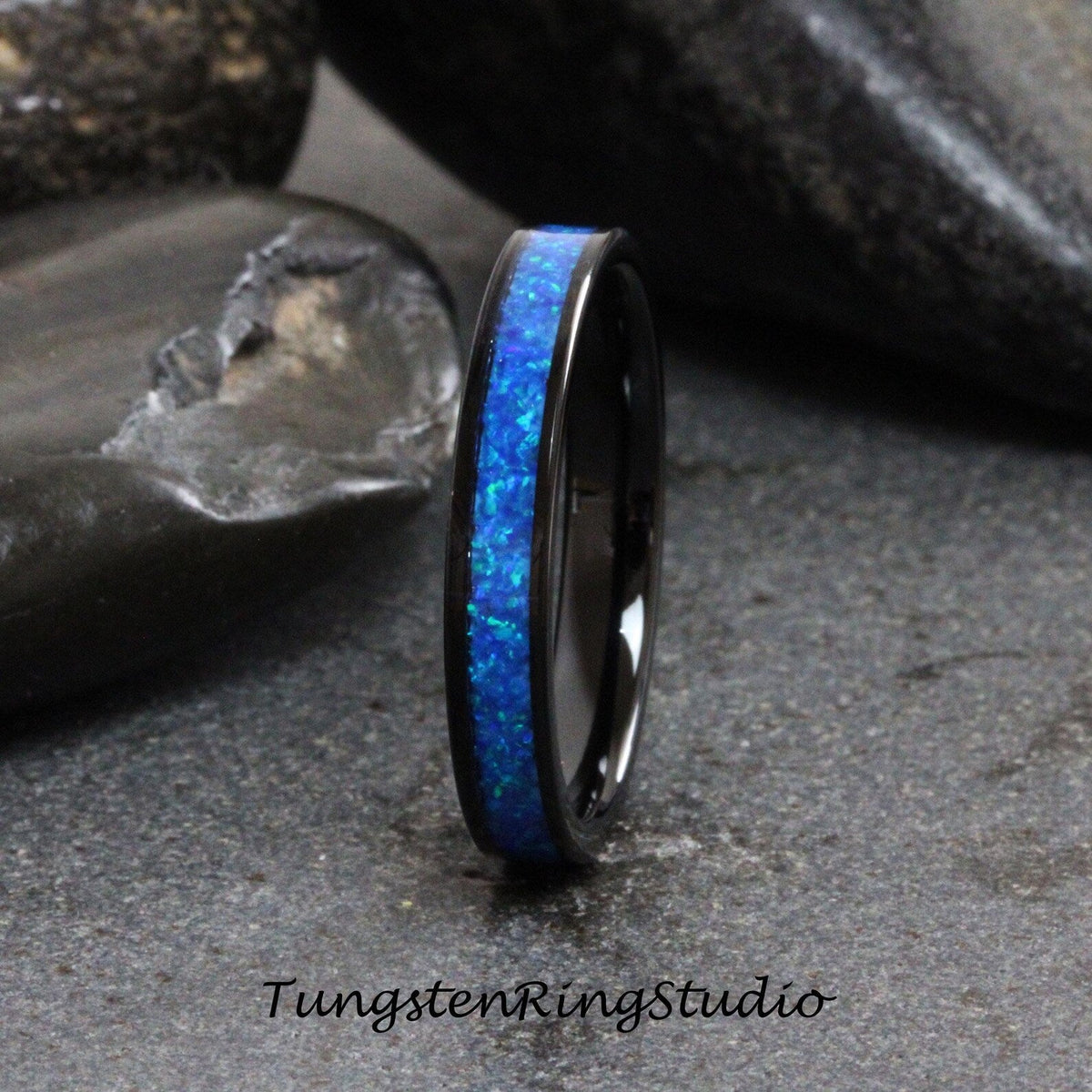 Starry Night Opal Tungsten Carbide Wedding Ring Black Band Women Opal Ring Dainty Stackable Anniversary Opal Ring