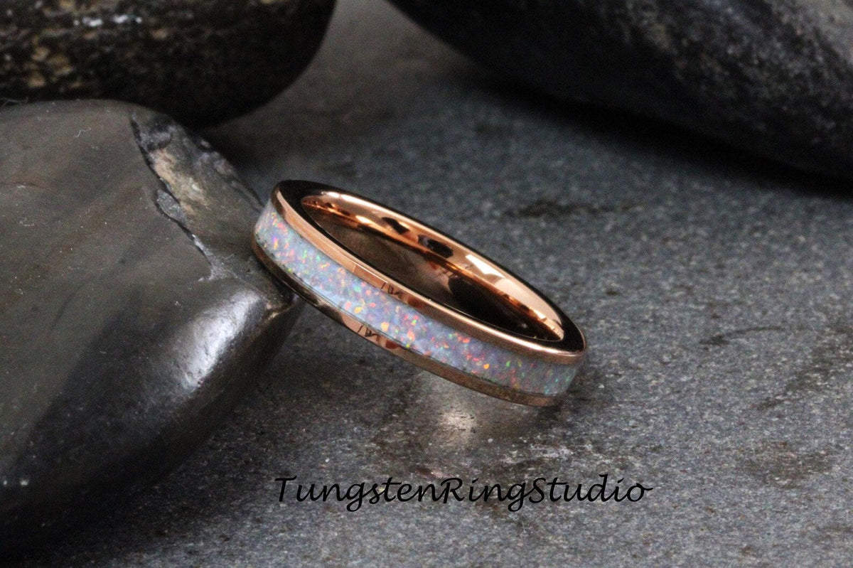 Unicorn Blue Opal Wedding Ring Rose Gold Tungsten Carbide Band Women Opal Ring Dainty Stackable Anniversary Opal Ring