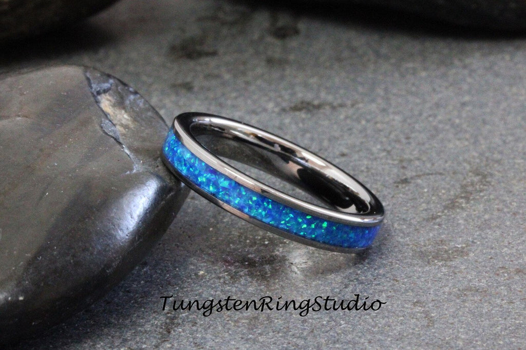 Royal Blue Opal Tungsten Carbide Wedding Ring Silver-Gray Band Women Men Opal Ring Dainty Stackable Anniversary Ring Blue Band