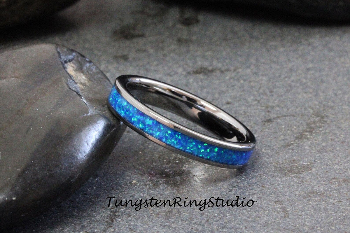 Royal Blue Opal Tungsten Carbide Wedding Ring Silver-Gray Band Women Men Opal Ring Dainty Stackable Anniversary Ring Blue Band