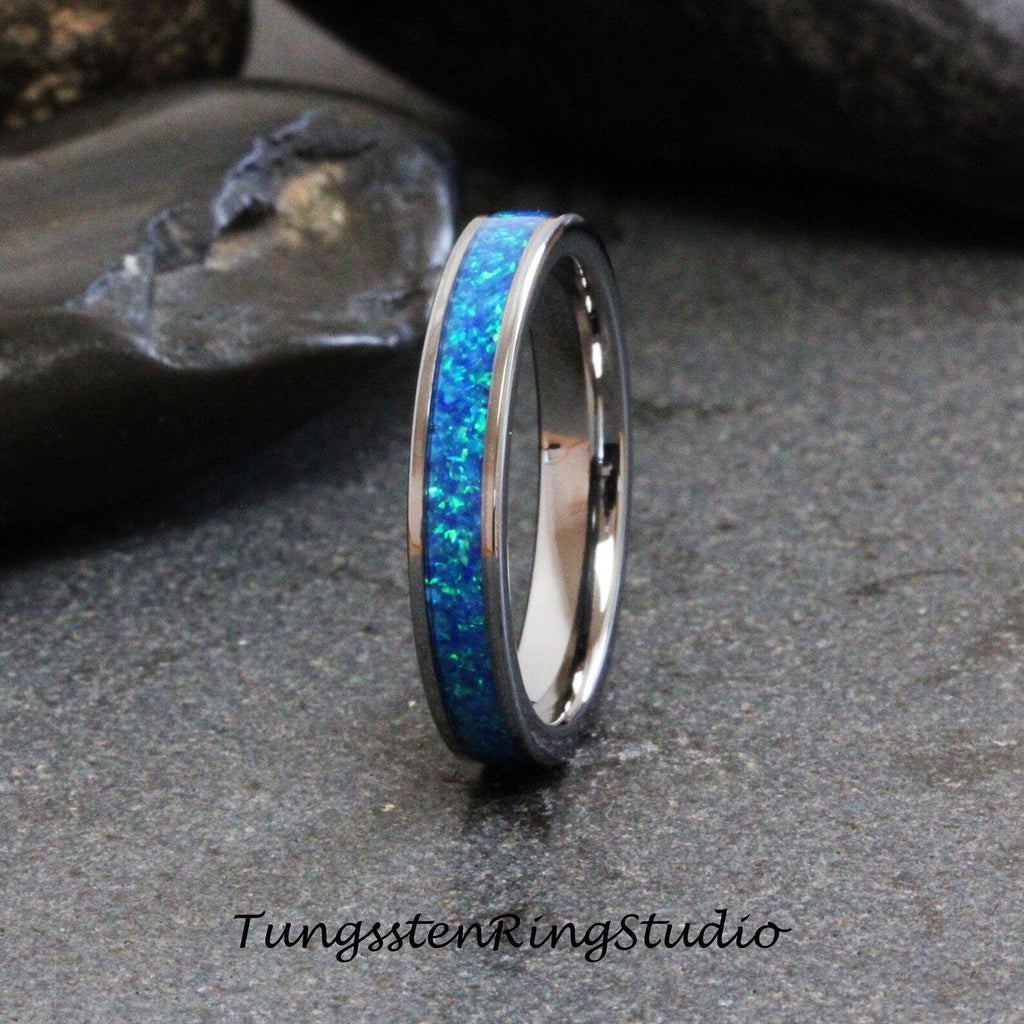 Royal Blue Opal Tungsten Carbide Wedding Ring Silver-Gray Band Women Men Opal Ring Dainty Stackable Anniversary Ring Blue Band