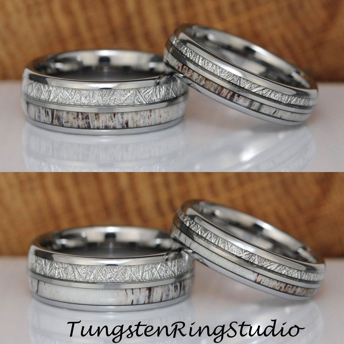 May include: Two silver tungsten carbide rings with a white and brown antler inlay. The rings have a brushed finish and a beveled edge.