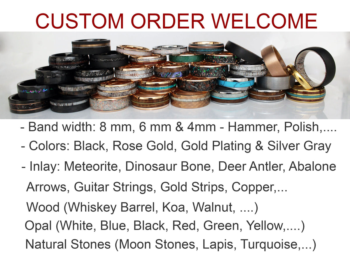 May include: A variety of custom-made rings with different inlays and finishes. The rings are stacked in a pyramid shape and include options like wood, opal, and natural stones. The text "CUSTOM ORDER WELCOME" is at the top of the image.