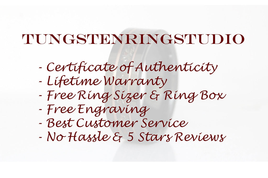 May include: A close-up of a tungsten ring with a wood inlay. The text "TUNGSTENRINGSTUDIO" is at the top of the image. The text below the ring reads: "Certificate of Authenticity, Lifetime Warranty, Free Ring Sizer &amp; Ring Box, Free Engraving, Best Customer Service, No Hassle &amp; 5 Stars Reviews."