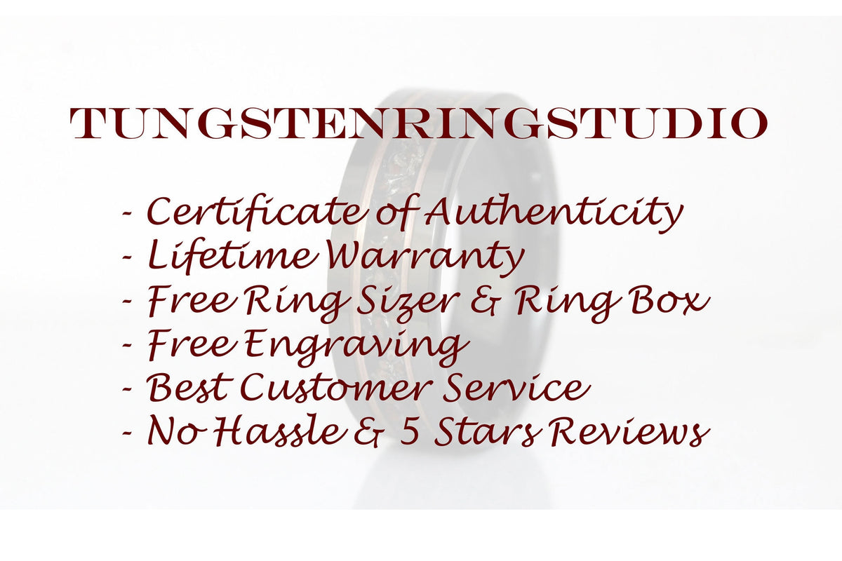 May include: A close-up of a tungsten ring with a wood inlay. The text "TUNGSTENRINGSTUDIO" is at the top of the image. The text below the ring reads: "Certificate of Authenticity, Lifetime Warranty, Free Ring Sizer &amp; Ring Box, Free Engraving, Best Customer Service, No Hassle &amp; 5 Stars Reviews."