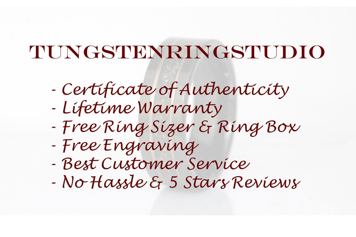 May include: A close-up of a tungsten ring with a wood inlay. The text "TUNGSTENRINGSTUDIO" is at the top of the image. The text below the ring reads: "Certificate of Authenticity", "Lifetime Warranty", "Free Ring Sizer &amp; Ring Box", "Free Engraving", "Best Customer Service", and "No Hassle &amp; 5 Stars Reviews".