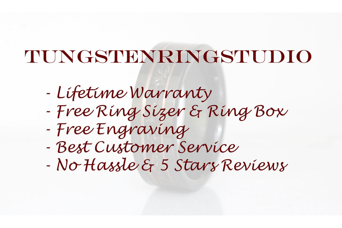 May include: A tungsten ring with a copper inlay. The ring is on a white background with the text "TUNGSTENRINGSTUDIO" and a list of benefits: Lifetime Warranty, Free Ring Sizer &amp; Ring Box, Free Engraving, Best Customer Service, No Hassle &amp; 5 Stars Reviews.