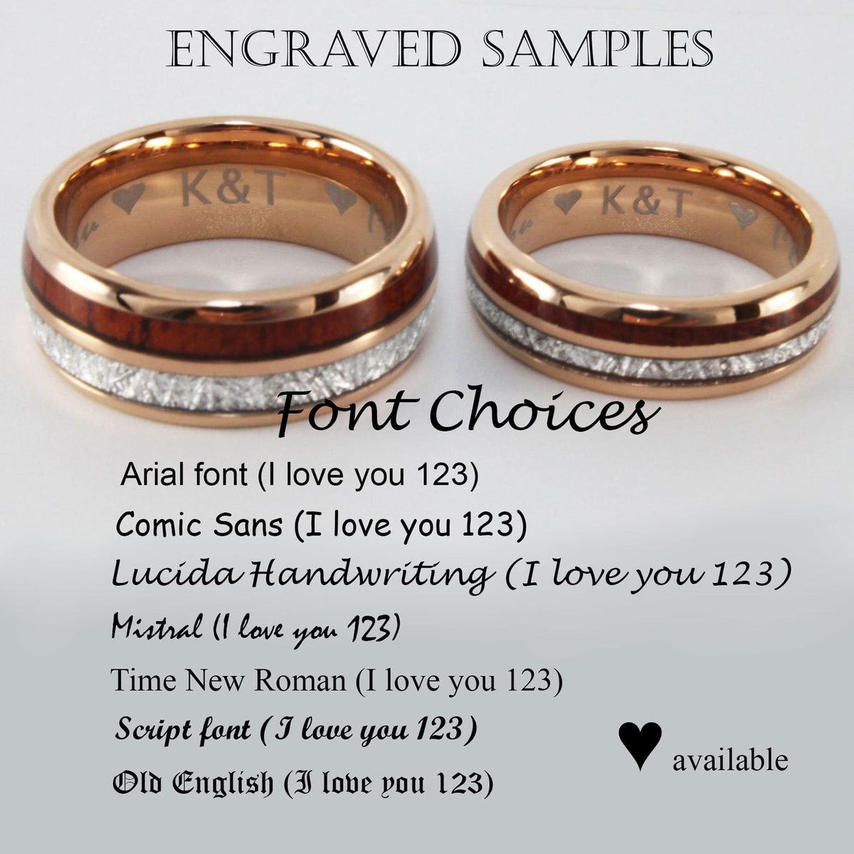 May include: Two engraved tungsten wedding bands with a rose gold finish and a wood inlay. The bands are shown with different font choices for engraving, including Arial, Comic Sans, Lucida Handwriting, Mistral, Time New Roman, Script, and Old English. The text "K&amp;T" is engraved on the bands.