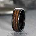 May include: Black tungsten ring with a brown wood inlay and iridescent glitter. The ring has a hammered finish.