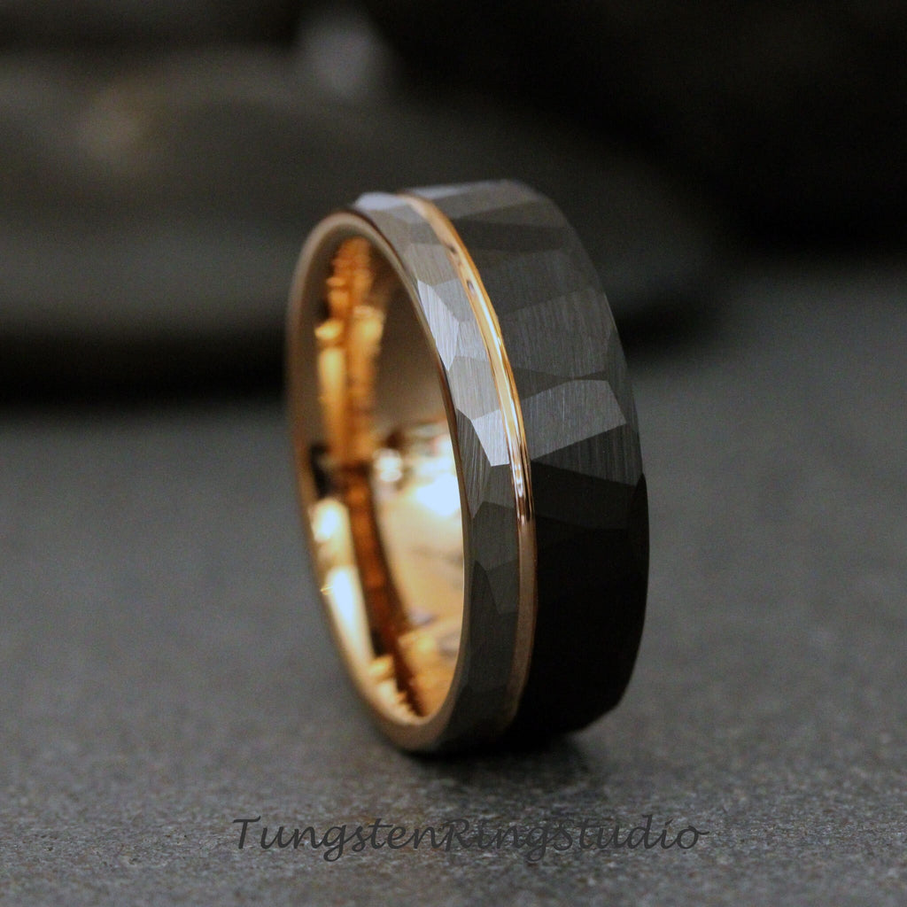 Hammered Rose Gold Tungsten Wedding Ring, tri-tone ring black silver gray