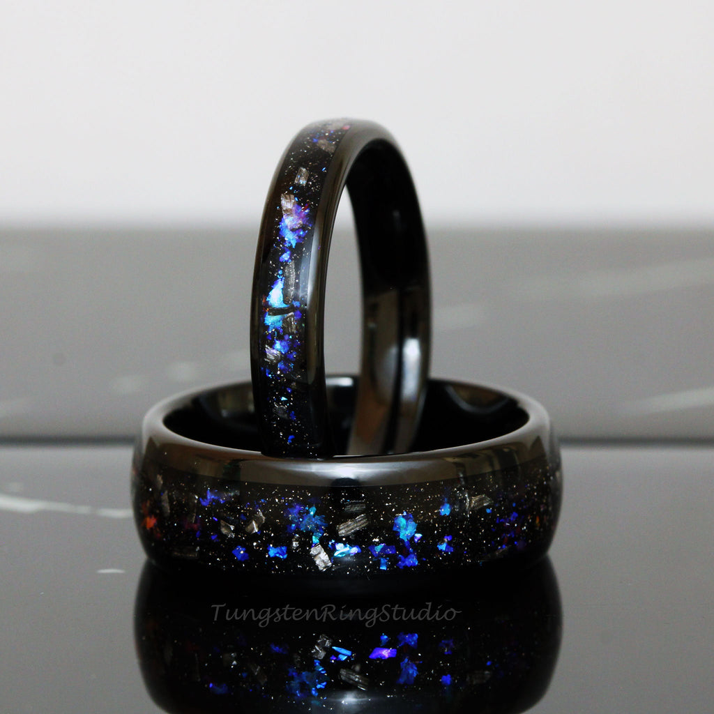 Meteorite Nebula Matching Ring Set His and Hers Ring Set Black 4mm 6mm 8mm Men Women Ring Outer Space Ring Wedding Anniversary Ring Tungsten