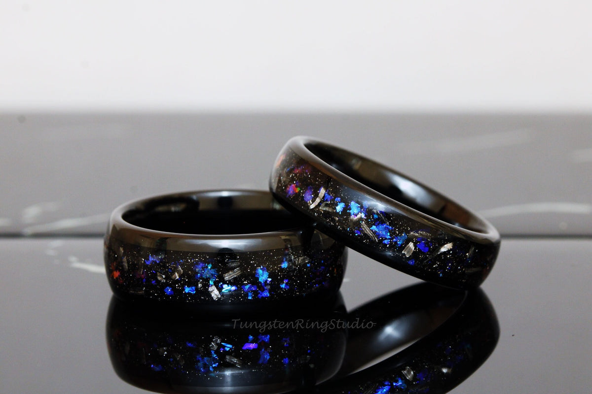 Meteorite Nebula Matching Ring Set His and Hers Ring Set Black 4mm 6mm 8mm Men Women Ring Outer Space Ring Wedding Anniversary Ring Tungsten