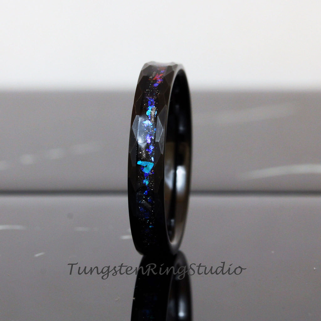 Hammer Meteorite Nebula Ring 4mm Black Band Men Women Ring Outer Space Ring Wedding Ring Anniversary Ring Doom Comfort Fit Tungsten Ring