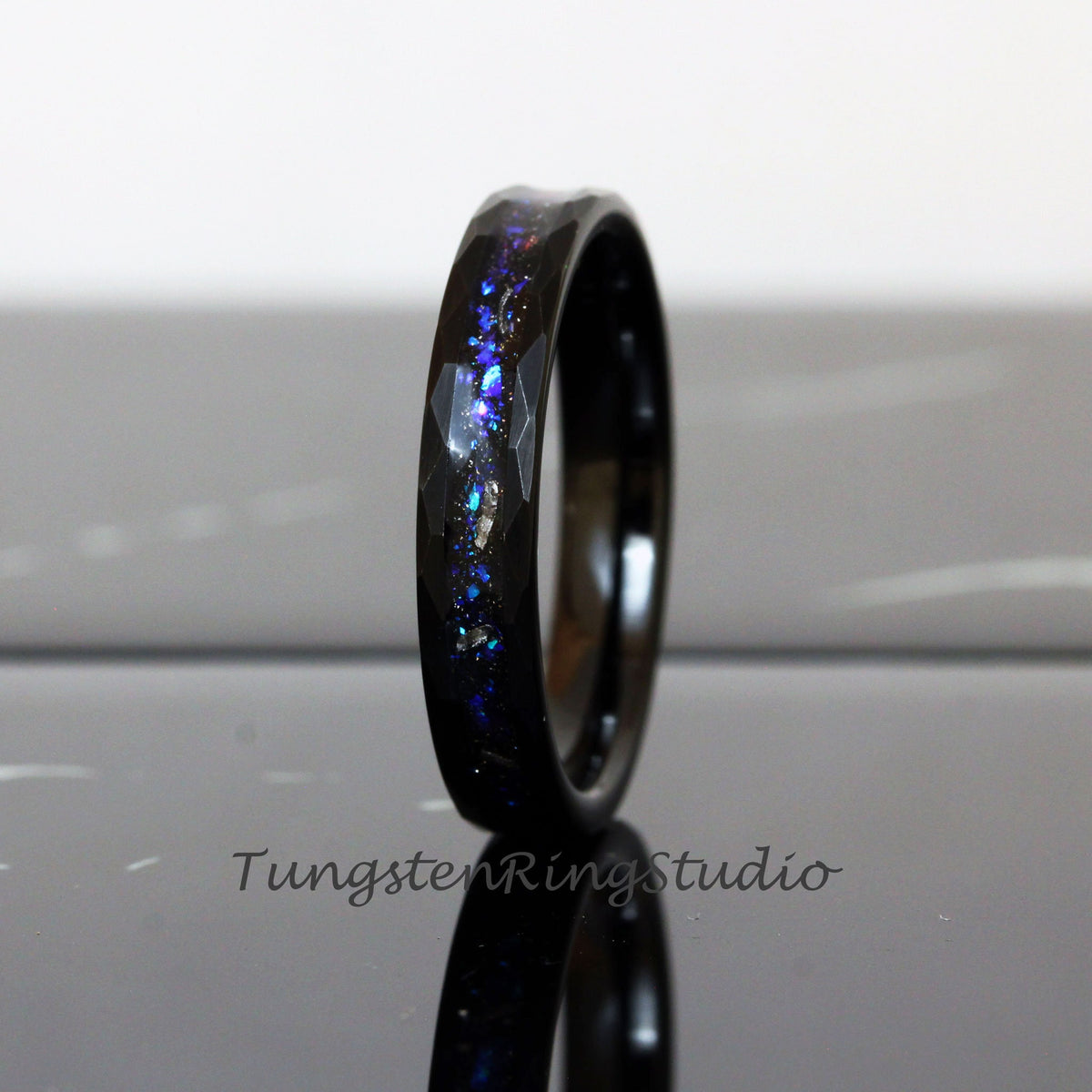 Hammer Meteorite Nebula Ring 4mm Black Band Men Women Ring Outer Space Ring Wedding Ring Anniversary Ring Doom Comfort Fit Tungsten Ring