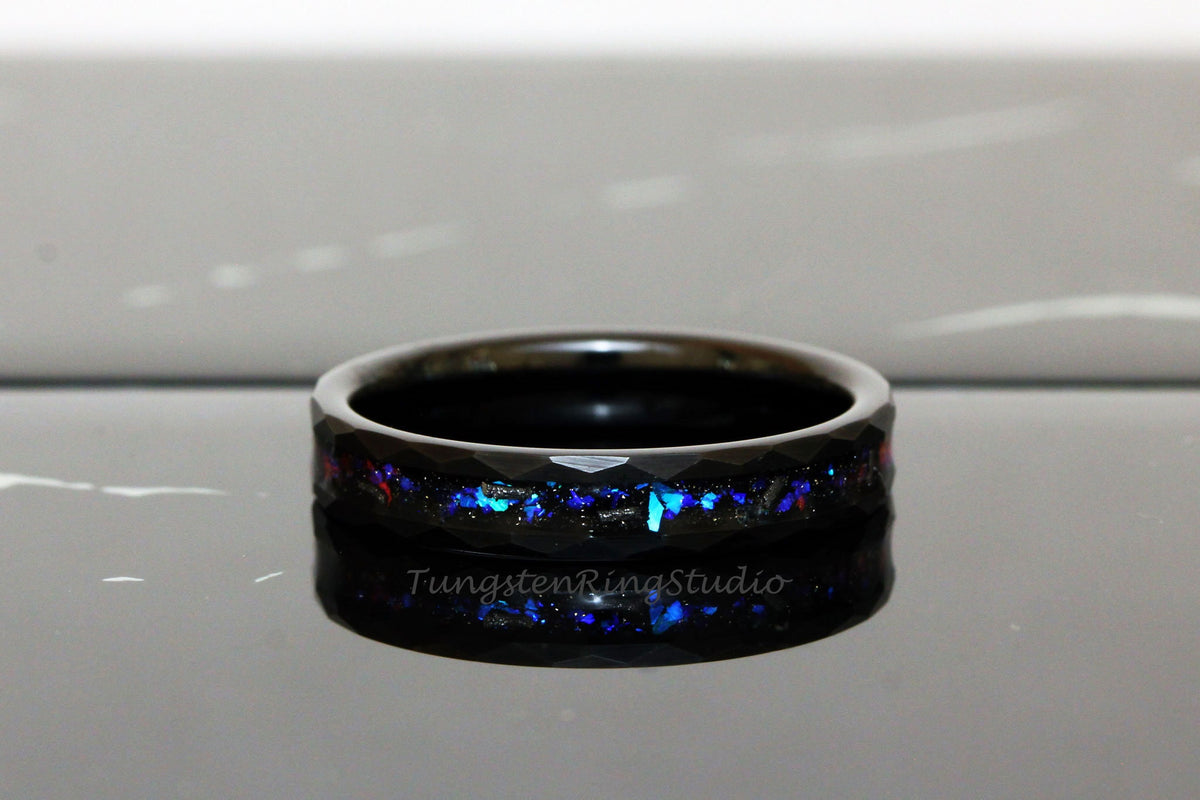 Hammer Meteorite Nebula Ring 4mm Black Band Men Women Ring Outer Space Ring Wedding Ring Anniversary Ring Doom Comfort Fit Tungsten Ring