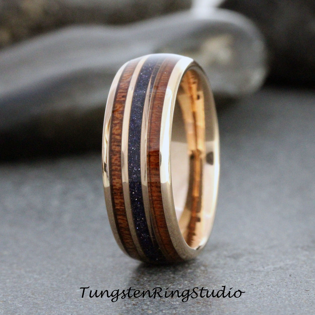Blue Ring, Nebula Koa Wood Rose Gold Tungsten Wedding Ring Blue Sandstone 8mm tungsten carbide ring Mens Ring Mans Womens Anniversary Ring