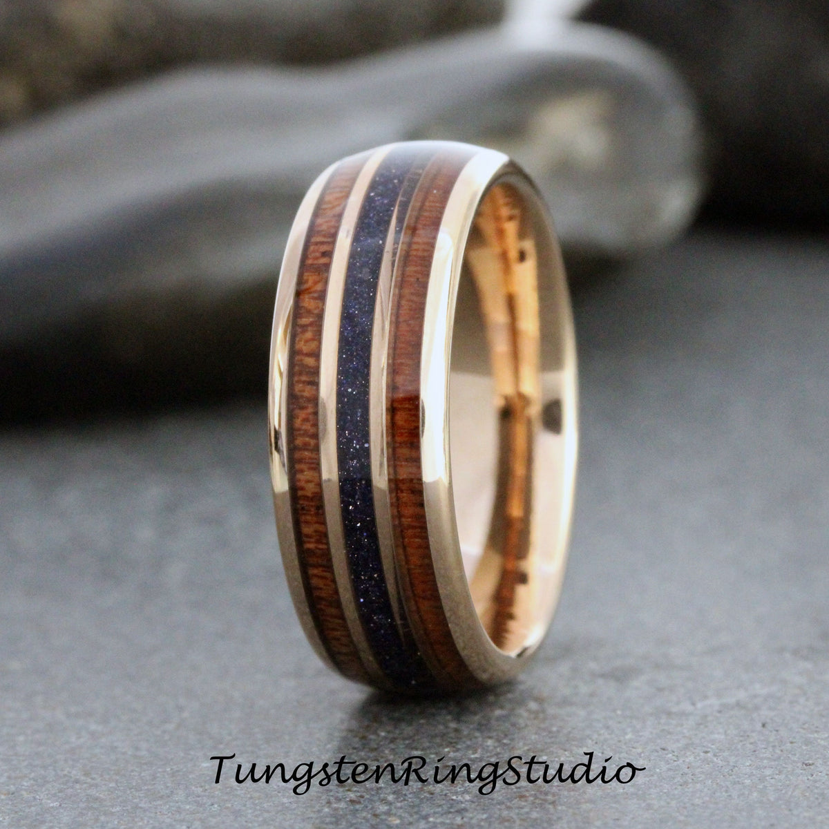 Blue Ring, Nebula Koa Wood Rose Gold Tungsten Wedding Ring Blue Sandstone 8mm tungsten carbide ring Mens Ring Mans Womens Anniversary Ring