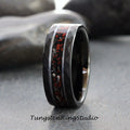May include: A black tungsten carbide ring with a red and silver inlay. The ring has a beveled edge and a brushed finish.