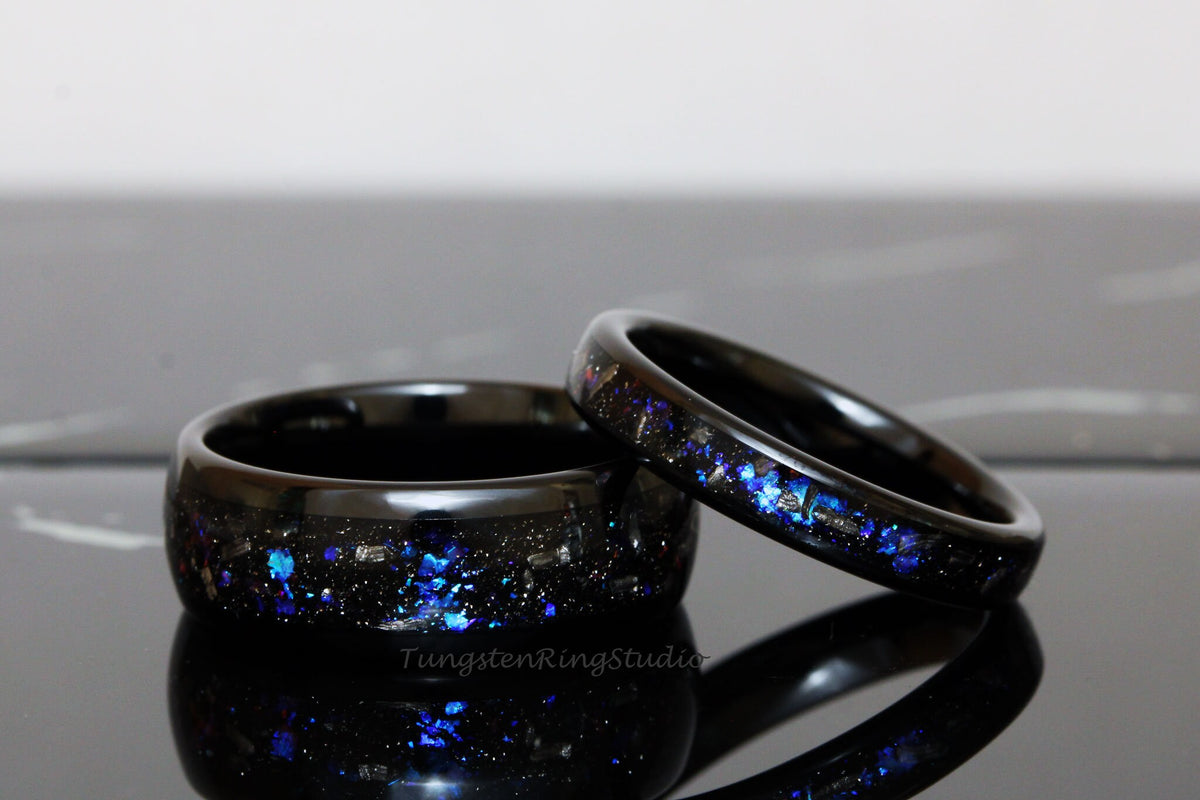 Meteorite Nebula Matching Ring Set His and Hers Ring Set Black 4mm 6mm 8mm Men Women Ring Outer Space Ring Wedding Anniversary Ring Tungsten