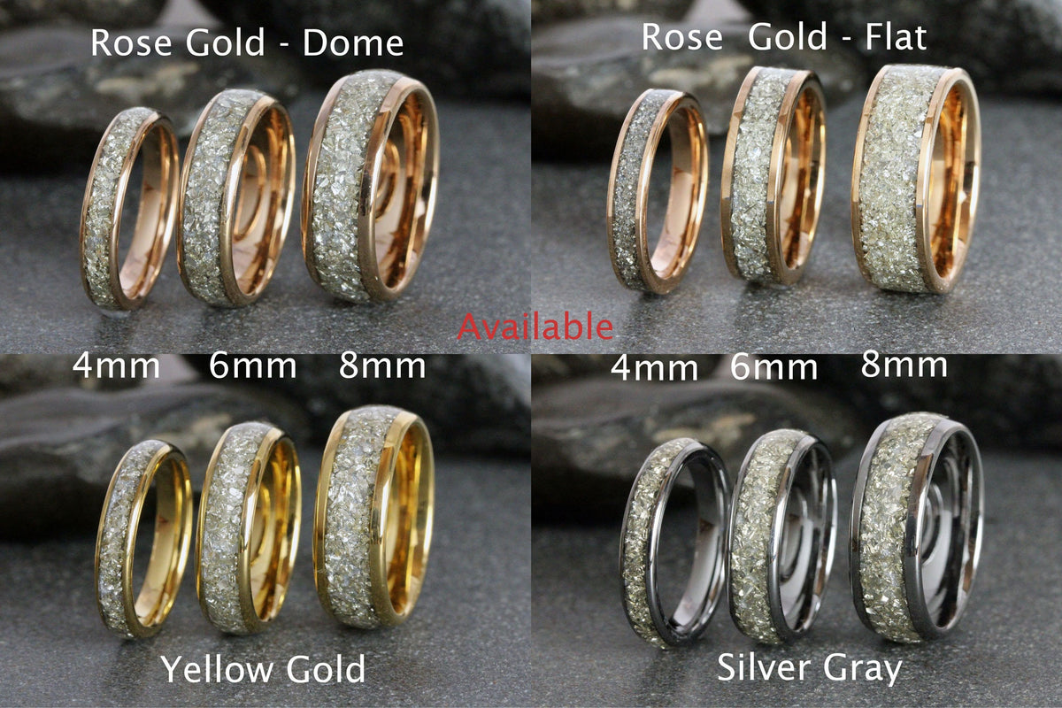 May include: Three different sizes of tungsten carbide rings with a sparkly, textured finish. The rings are shown in rose gold, yellow gold, and silver gray.