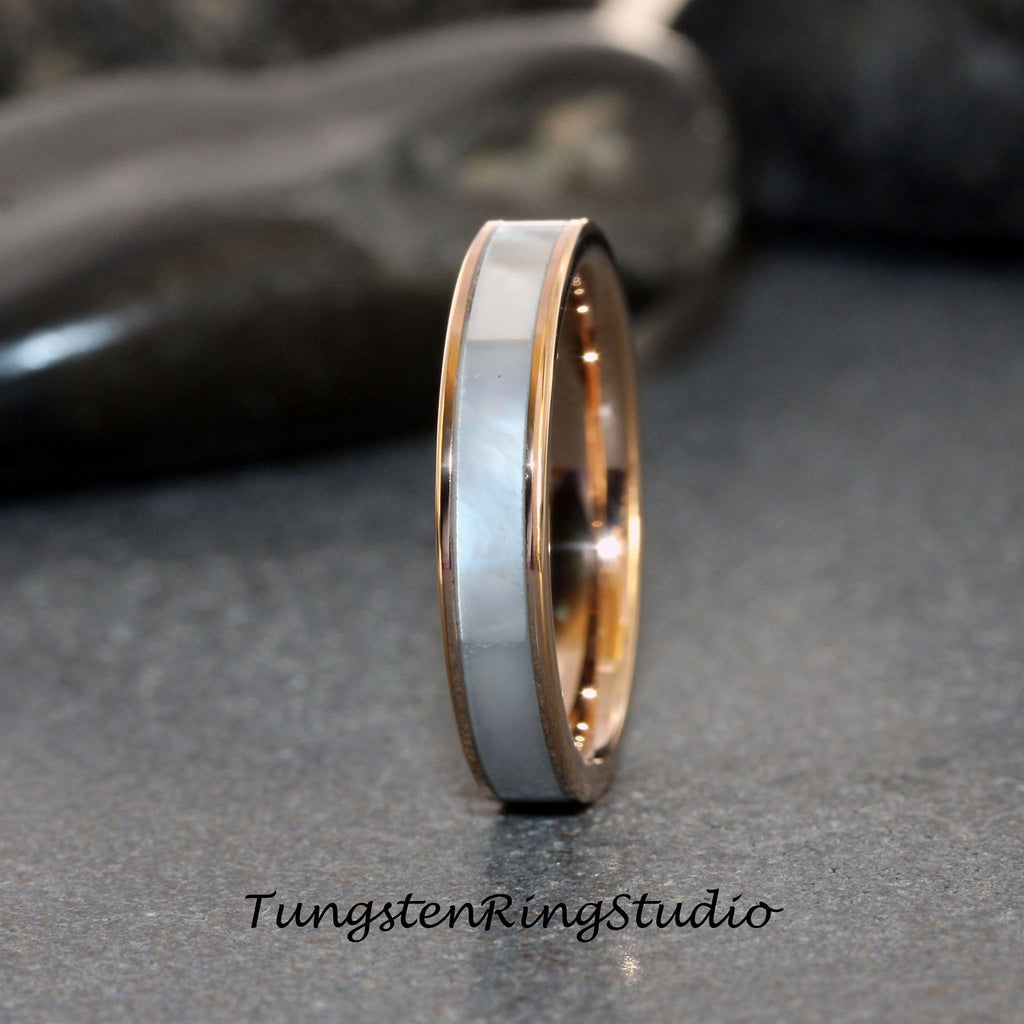Mother of Pearl Rose Gold Tungsten Wedding Ring Band 4mm 6mm 8mm Rose Gold Minimalist Stackable Wedding Ring Anniversary Ring Gift For Her
