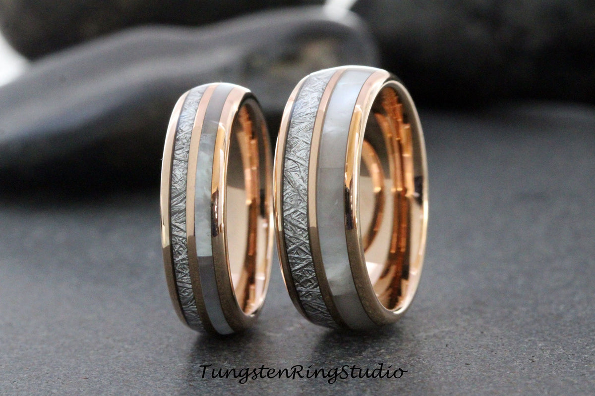 Mother of Pearl Meteorite Rose Gold Tungsten Wedding Ring Band 8mm 6mm 4mm Tungsten Carbide Anniversary Ring Mans Mens Rings Hawaiian