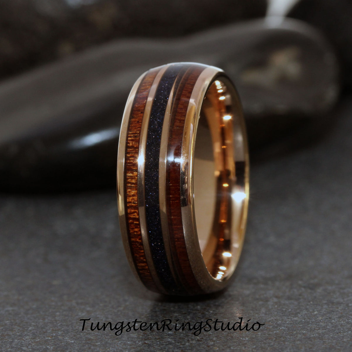 Blue Ring, Nebula Koa Wood Rose Gold Tungsten Wedding Ring Blue Sandstone 8mm tungsten carbide ring Mens Ring Mans Womens Anniversary Ring