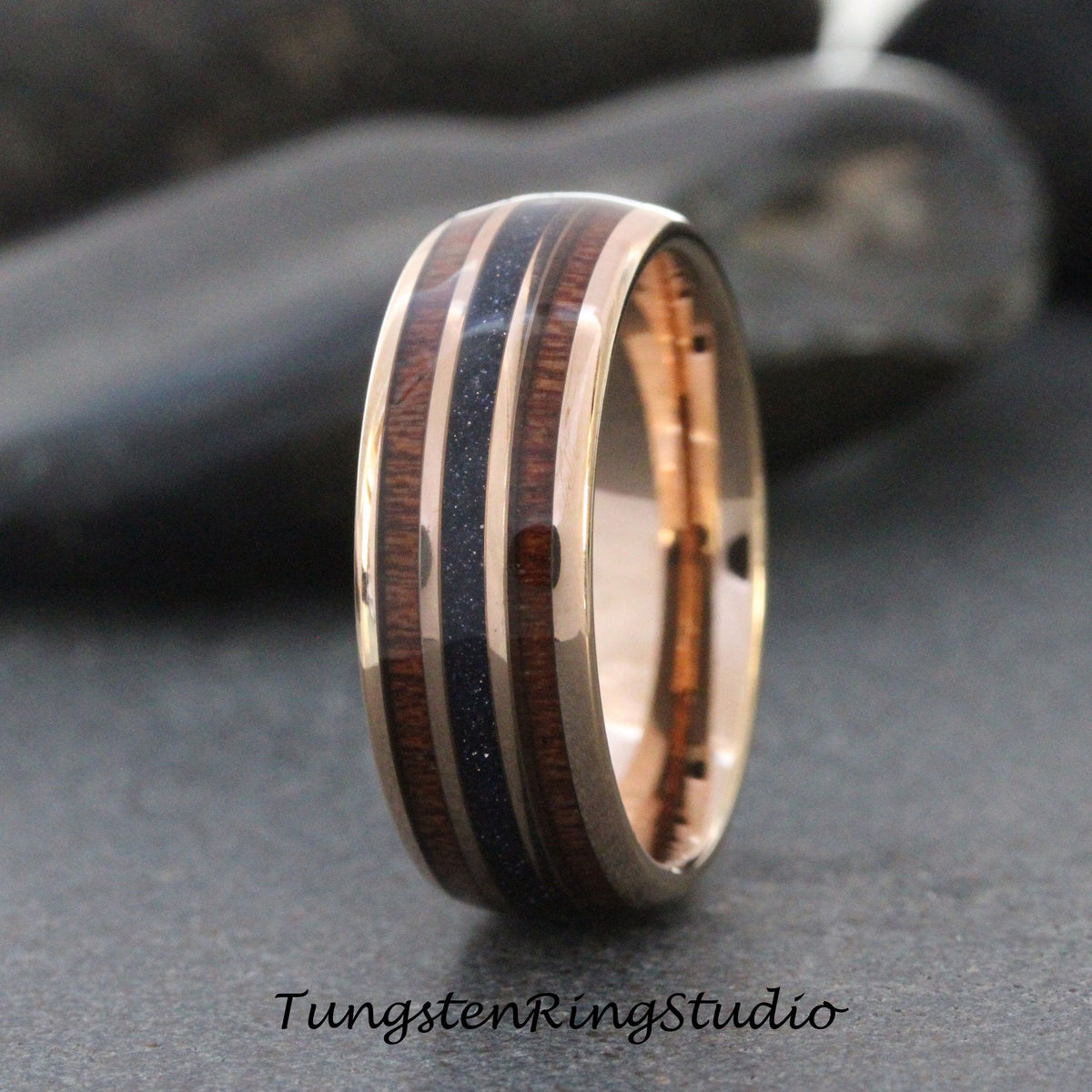 Blue Ring, Nebula Koa Wood Rose Gold Tungsten Wedding Ring Blue Sandstone 8mm tungsten carbide ring Mens Ring Mans Womens Anniversary Ring