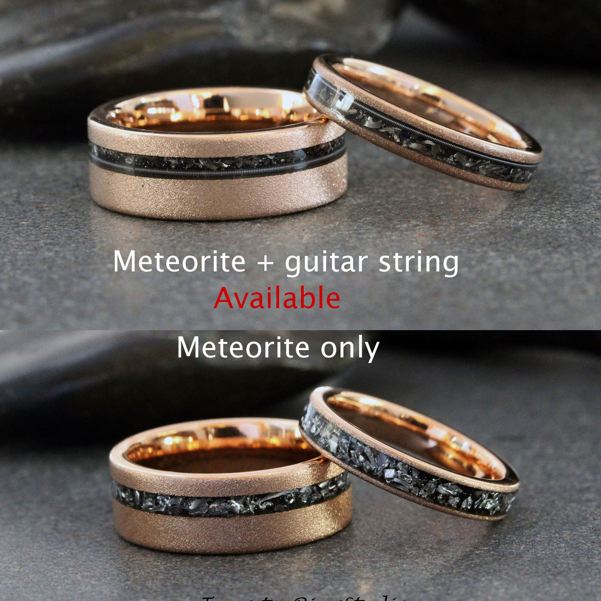 May include: Two rose gold wedding bands with a black meteorite inlay. The band on the left has a thin black line of guitar string inlay. The text "Meteorite + guitar string Available" and "Meteorite only" is visible.