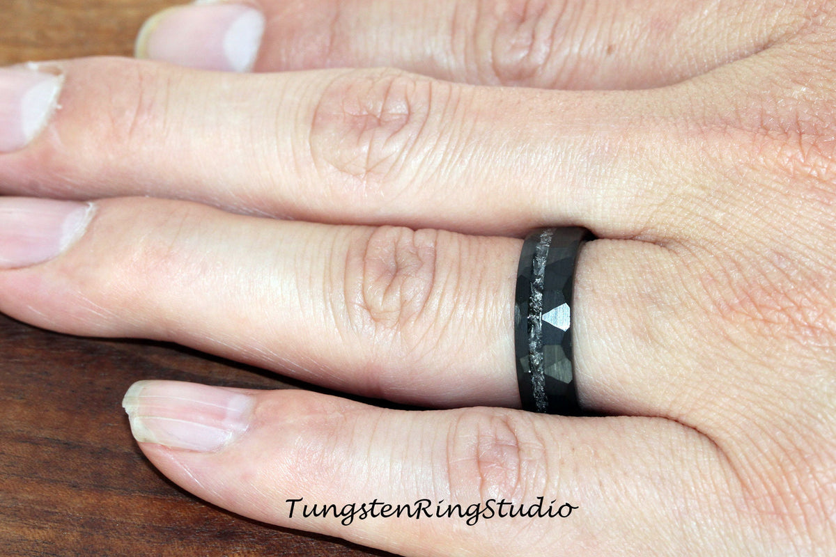 6MM Meteorite Hammer Black Tungsten Wedding Ring Meteorite Interstellar Ring Tungsten Carbide Anniversary Ring Mans Mens Ring Men & Women