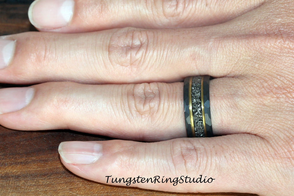 Mens Hammered Meteorite Ring, Hammered Yellow Gold Strip Black Tungsten Wedding Ring Gibeon Band Anniversary Mans Ring Interstellar Ring
