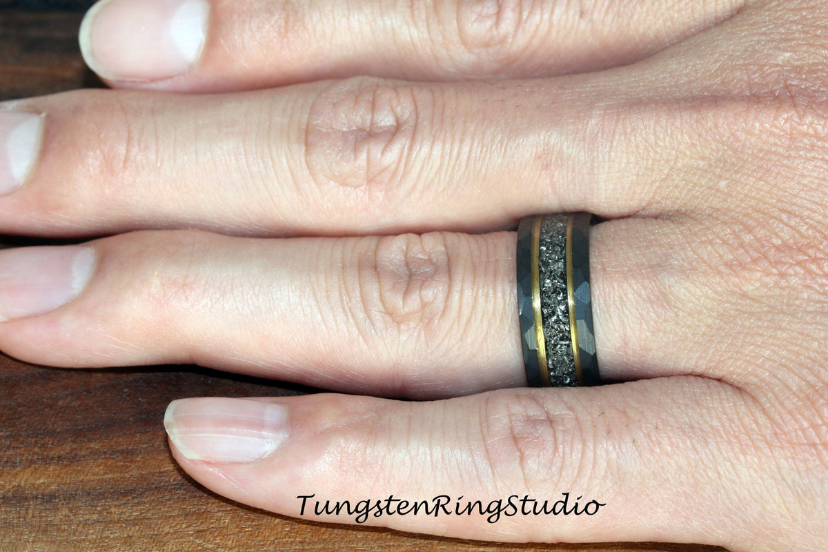 Mens Hammered Meteorite Ring, Hammered Yellow Gold Strip Black Tungsten Wedding Ring Gibeon Band Anniversary Mans Ring Interstellar Ring