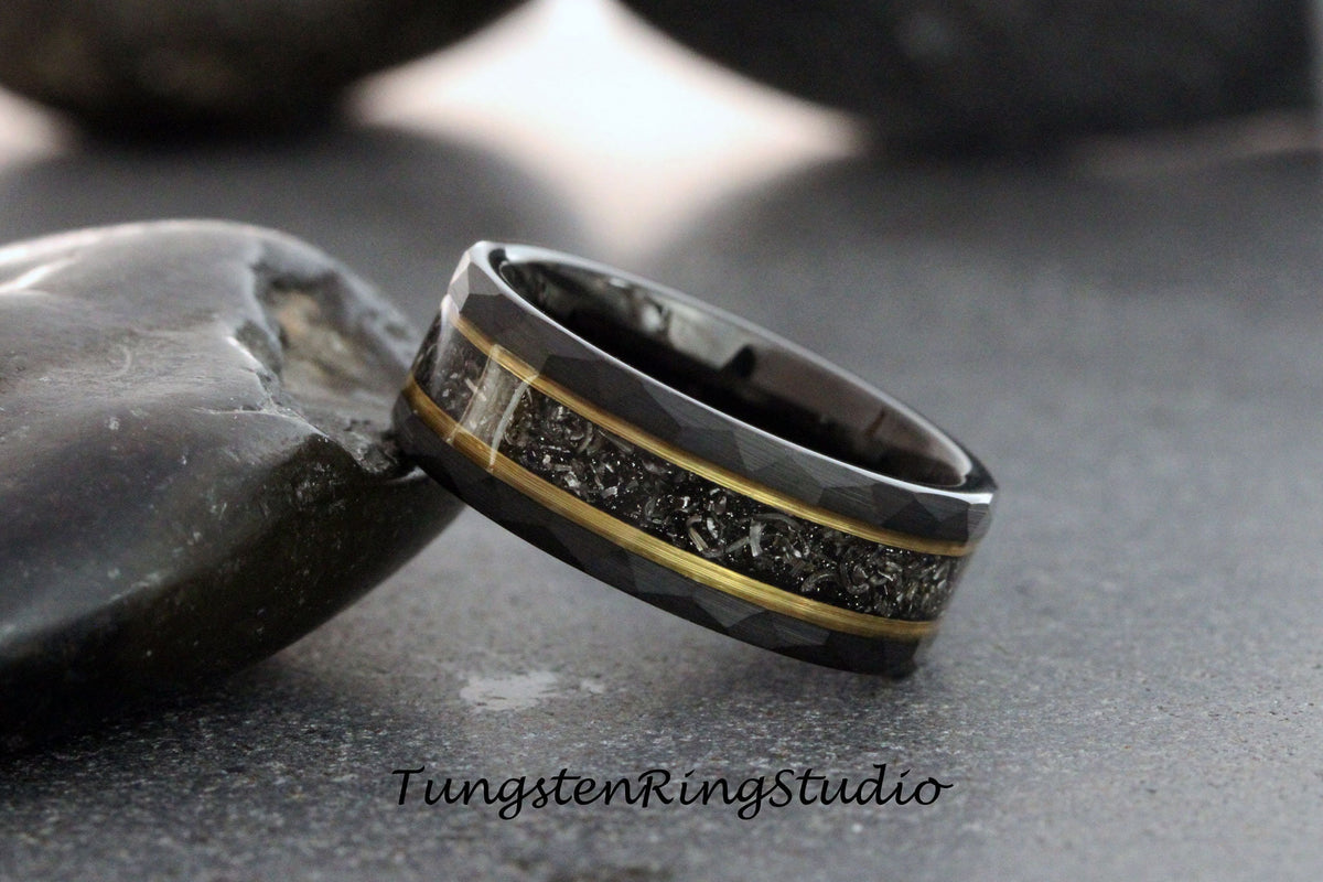 Mens Hammered Meteorite Ring, Hammered Yellow Gold Strip Black Tungsten Wedding Ring Gibeon Band Anniversary Mans Ring Interstellar Ring