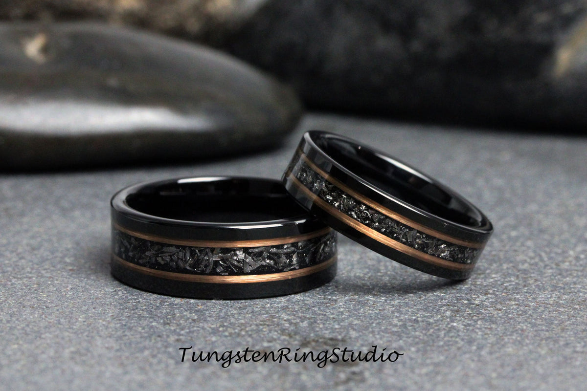 Meteorite Ring Set, His and Hers Ring Rose Gold Strips Black Tungsten Wedding Ring Carbide Matching Set Anniversary Ring Mens Men & Women
