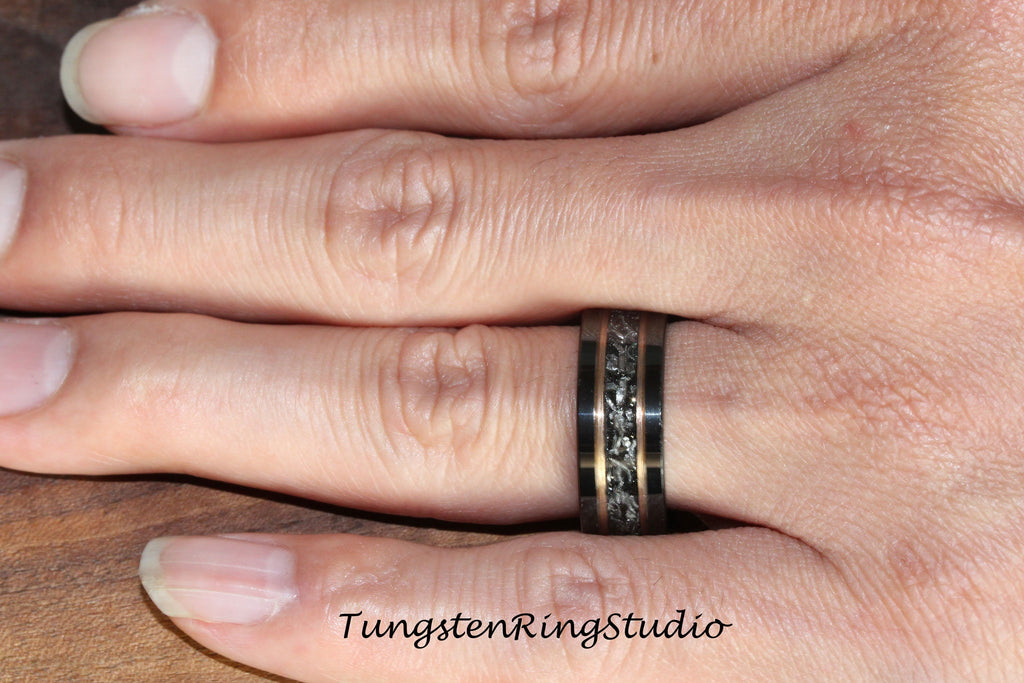 Meteorite Ring Set, His and Hers Ring Rose Gold Strips Black Tungsten Wedding Ring Carbide Matching Set Anniversary Ring Mens Men & Women