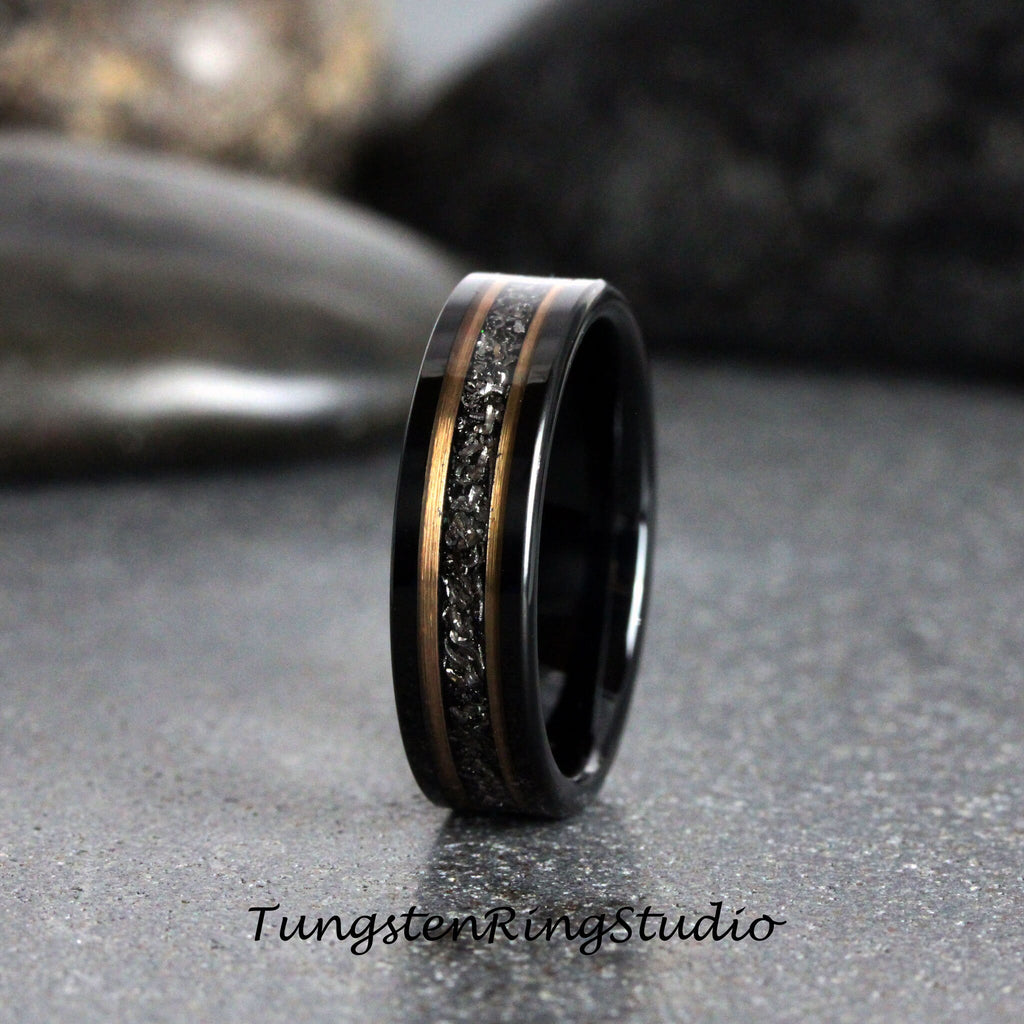 Meteorite Ring Set, His and Hers Ring Rose Gold Strips Black Tungsten Wedding Ring Carbide Matching Set Anniversary Ring Mens Men & Women