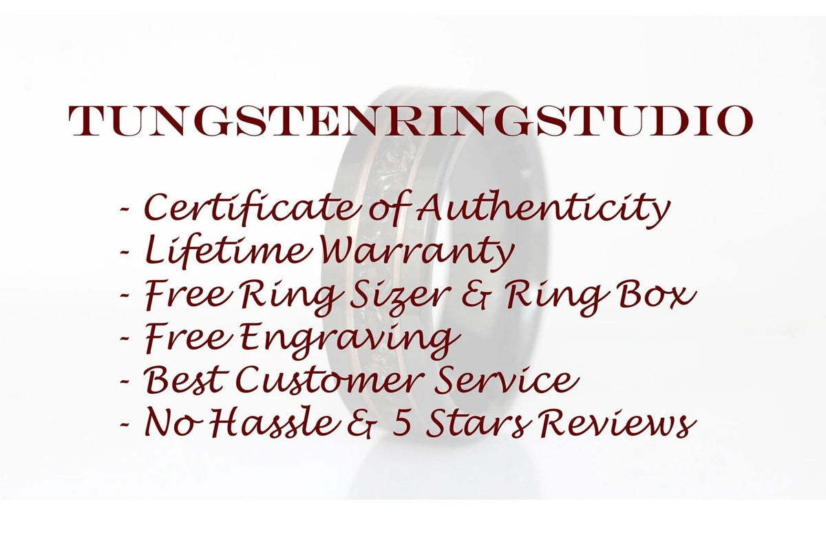 May include: A close-up of a tungsten ring with a wood inlay. The ring is on a white background with the text "TUNGSTENRINGSTUDIO" and a list of benefits: Certificate of Authenticity, Lifetime Warranty, Free Ring Sizer &amp; Ring Box, Free Engraving, Best Customer Service, No Hassle &amp; 5 Stars Reviews.
