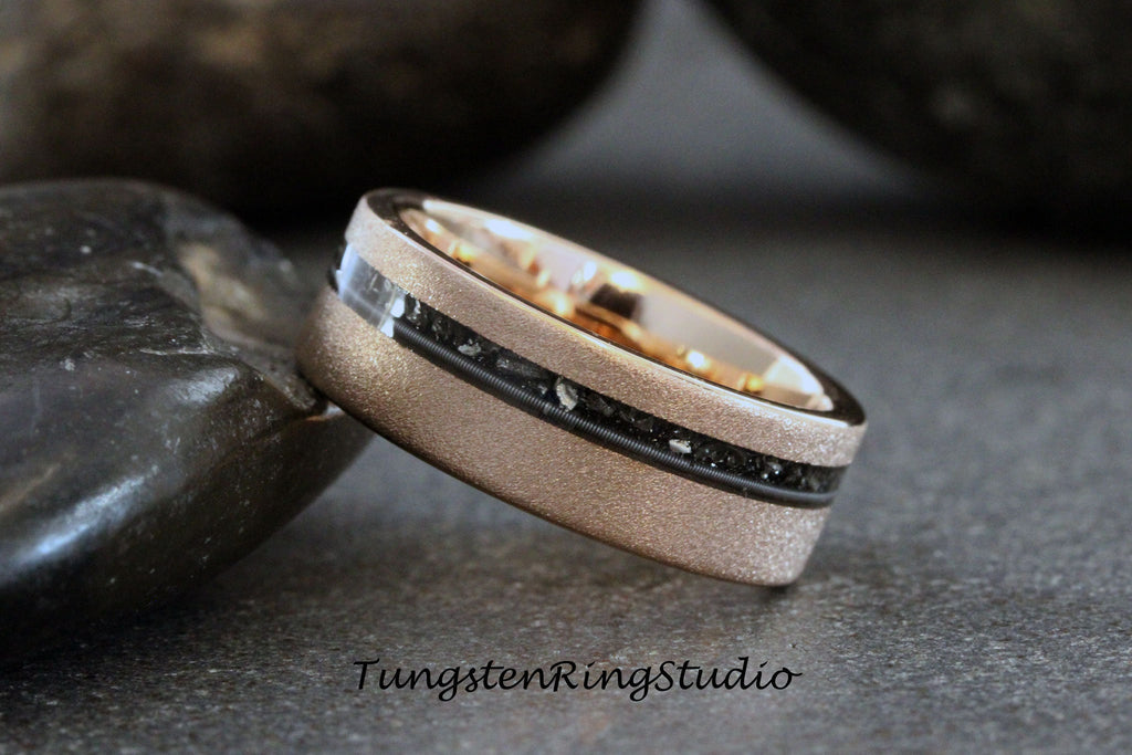 Rose gold Guitar String and Meteorite Sandblasted Tungsten Wedding Ring Interstellar Ring Tungsten Carbide Anniversary Ring Mans Mens Ring
