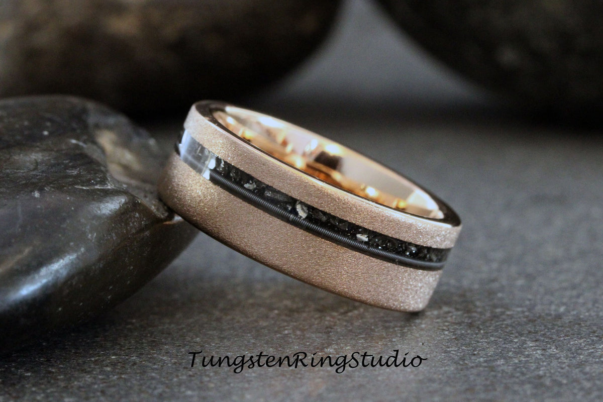 Rose gold Guitar String and Meteorite Sandblasted Tungsten Wedding Ring Interstellar Ring Tungsten Carbide Anniversary Ring Mans Mens Ring